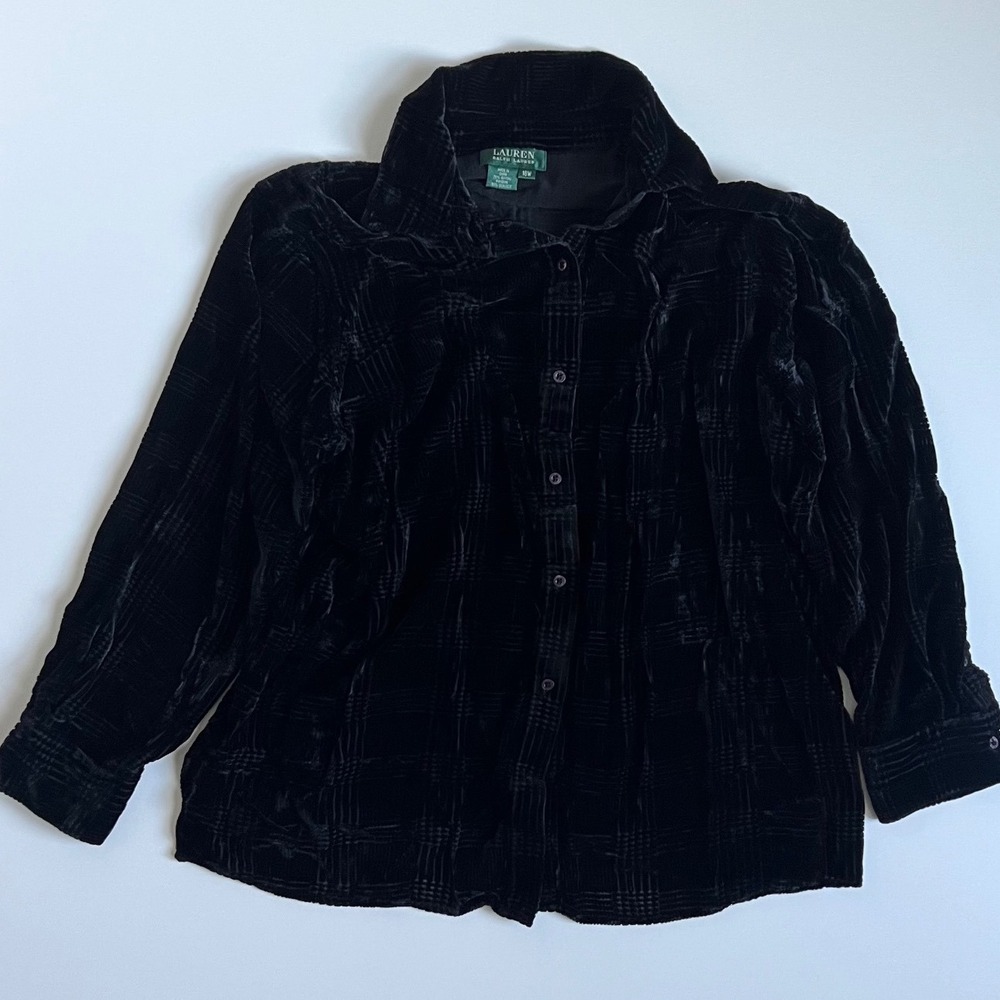 Lauren Ralph Lauren Black Silk Blend Velvet Burnout Plaid Button Down Shirt 16W